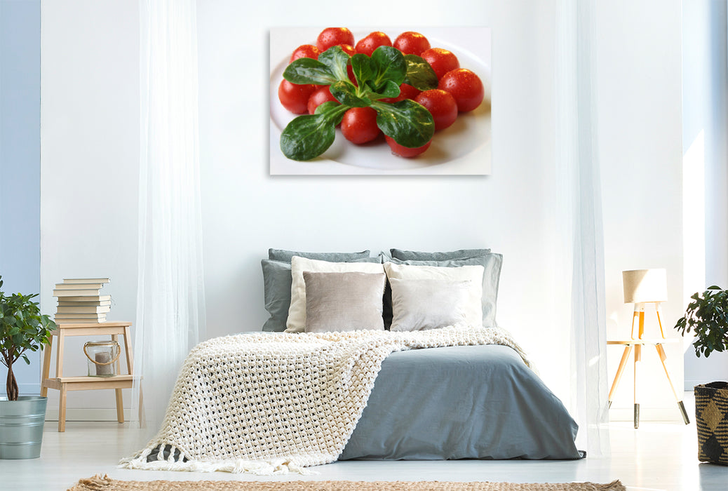 Premium textile canvas Premium textile canvas 120 cm x 80 cm landscape lamb's lettuce and tomatoes 