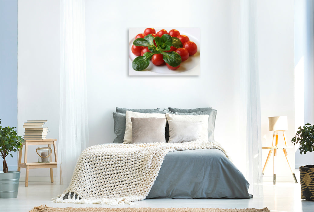 Premium textile canvas Premium textile canvas 120 cm x 80 cm landscape lamb's lettuce and tomatoes 