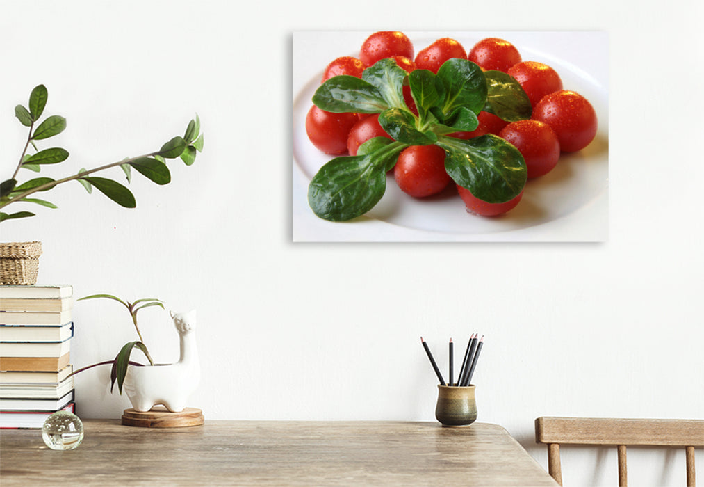 Premium textile canvas Premium textile canvas 120 cm x 80 cm landscape lamb's lettuce and tomatoes 