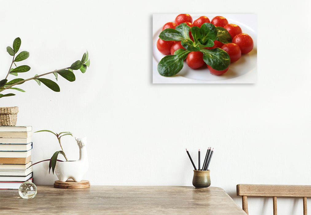 Premium textile canvas Premium textile canvas 120 cm x 80 cm landscape lamb's lettuce and tomatoes 