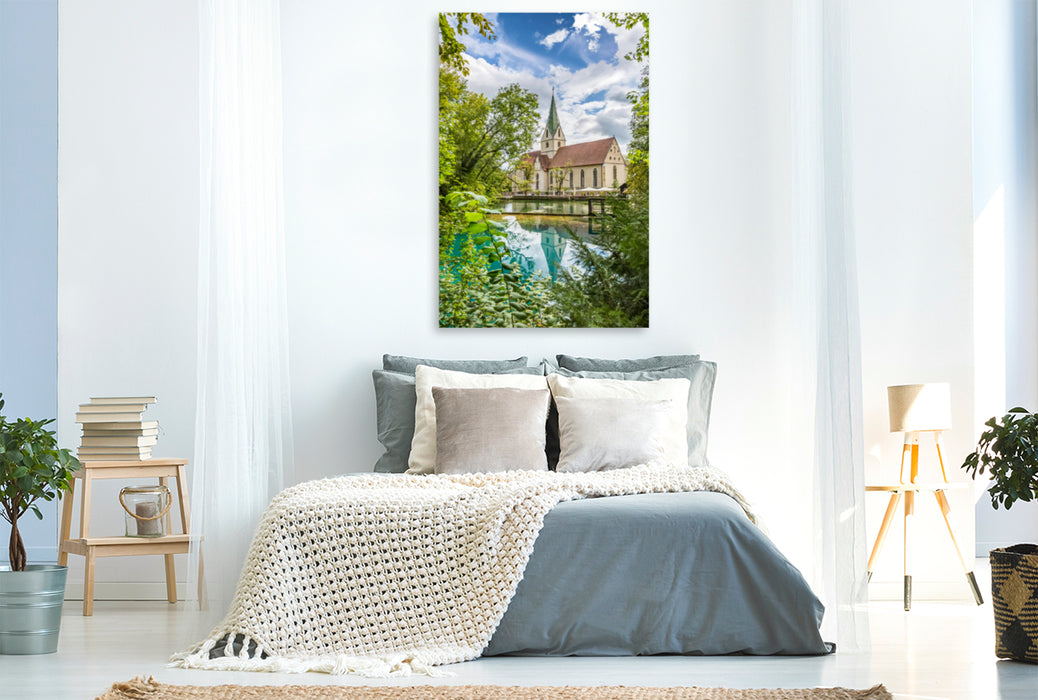 Premium textile canvas Premium textile canvas 80 cm x 120 cm high Blaubeuren Monastery with Blautopf 