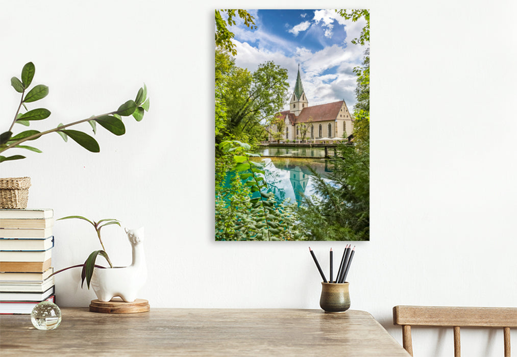 Premium textile canvas Premium textile canvas 80 cm x 120 cm high Blaubeuren Monastery with Blautopf 