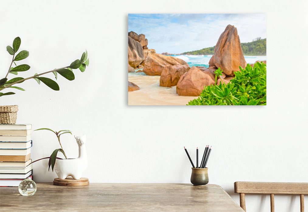 Premium textile canvas Premium textile canvas 120 cm x 80 cm landscape The typical granite rocks on the Petite Anse (La Digue) 