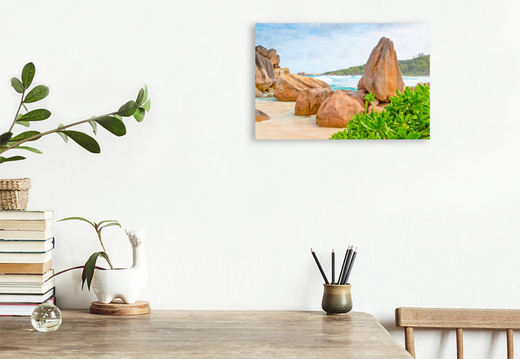 Premium textile canvas Premium textile canvas 120 cm x 80 cm landscape The typical granite rocks on the Petite Anse (La Digue) 