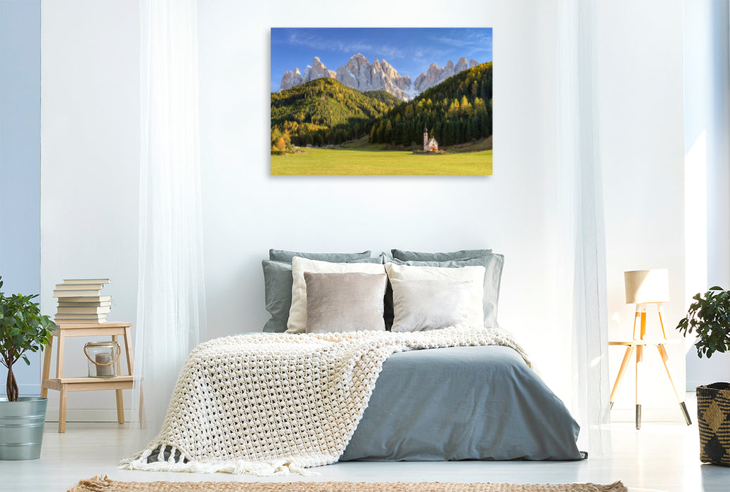 Premium textile canvas Premium textile canvas 120 cm x 80 cm across Church of St. Johann in Ranui in the Funes Valley in South Tyrol 