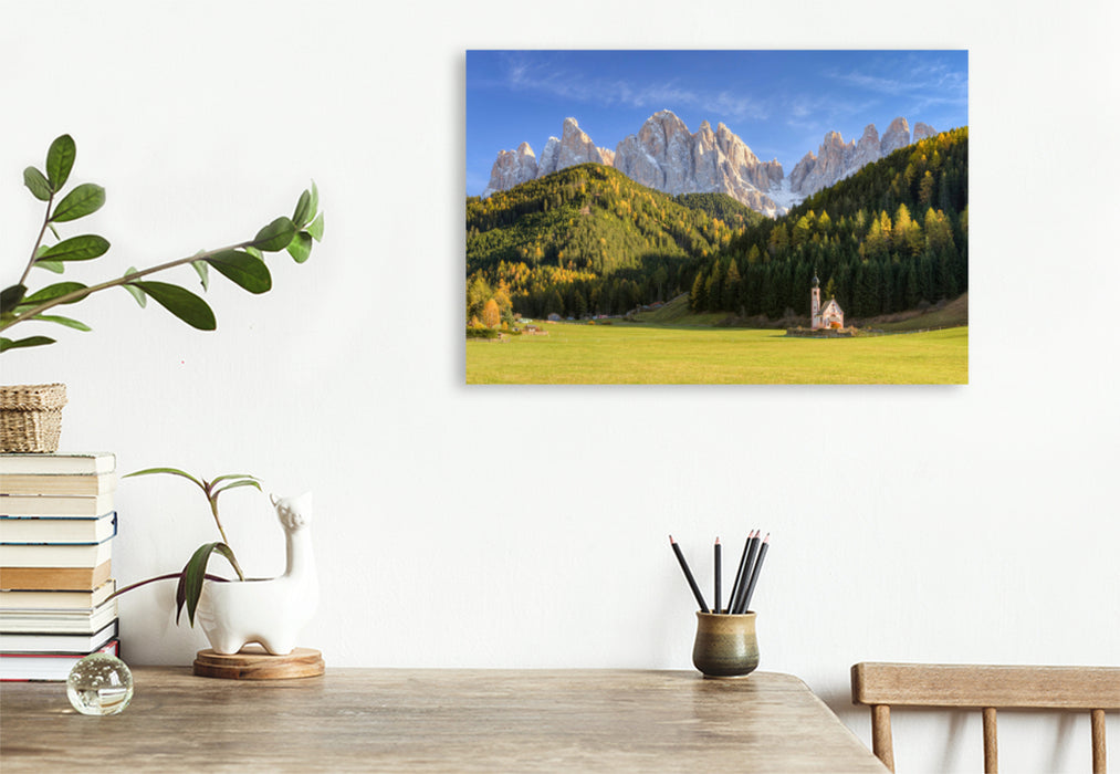 Premium textile canvas Premium textile canvas 120 cm x 80 cm across Church of St. Johann in Ranui in the Funes Valley in South Tyrol 