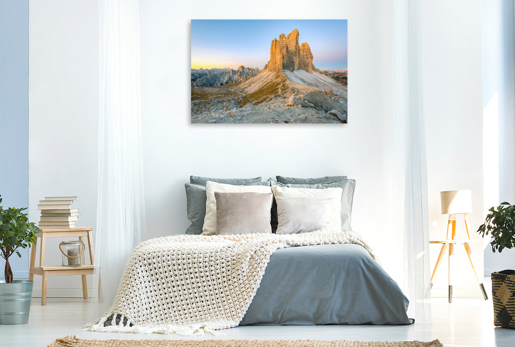 Premium textile canvas Premium textile canvas 120 cm x 80 cm landscape The Three Peaks in South Tyrol in the morning light 