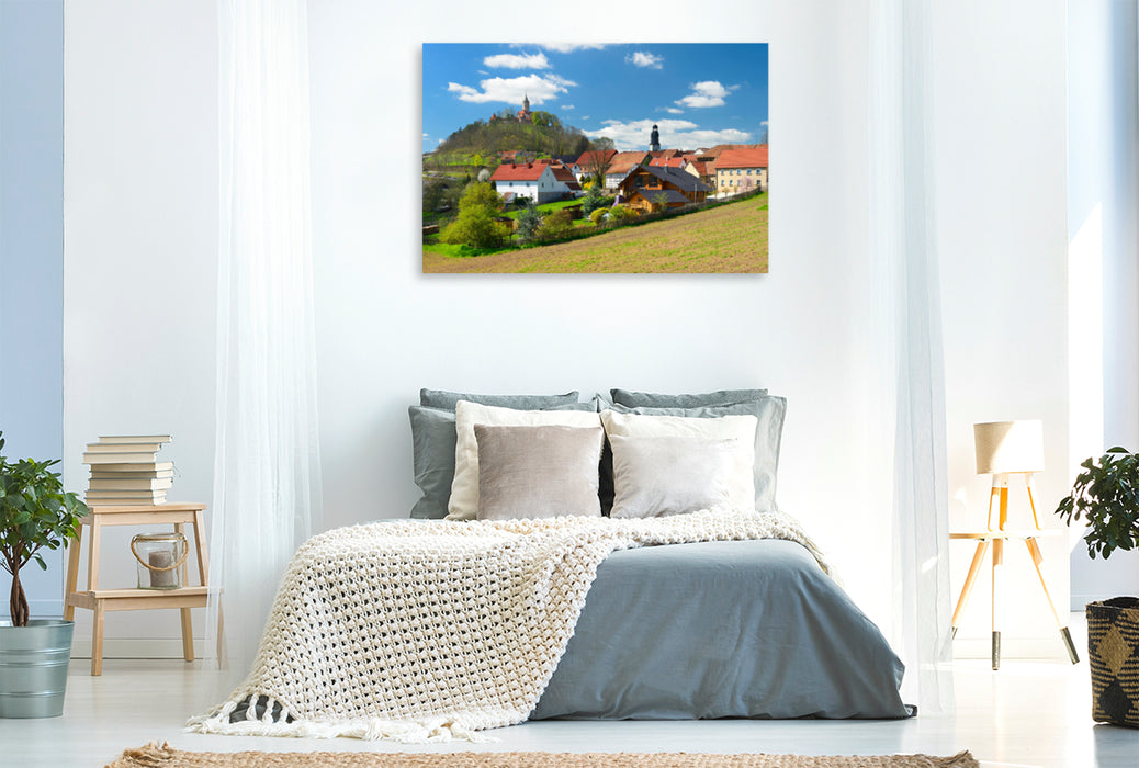 Premium textile canvas Premium textile canvas 120 cm x 80 cm across the village of Seitenroda with Leuchtenburg near Kahla 