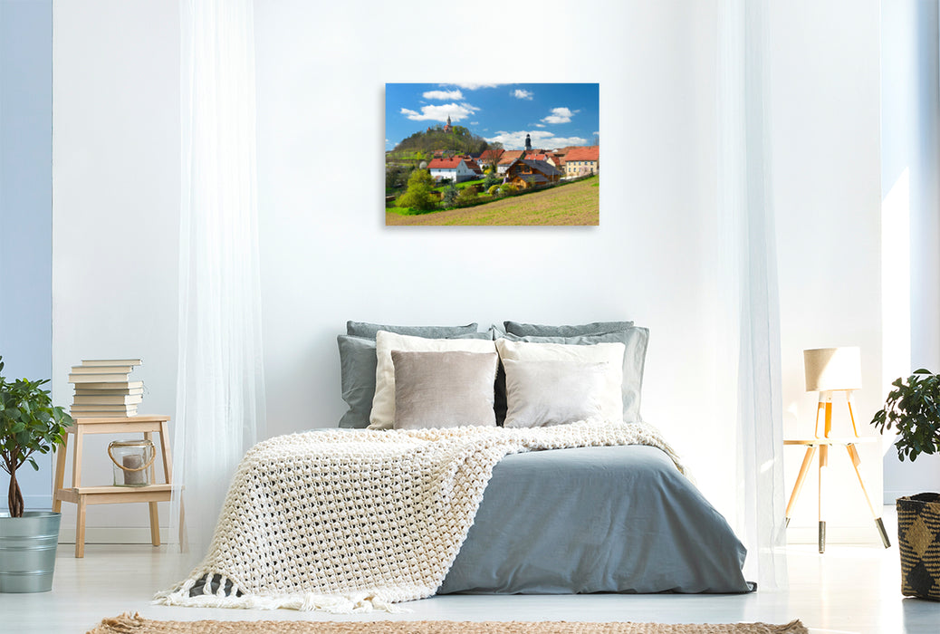 Premium textile canvas Premium textile canvas 120 cm x 80 cm across the village of Seitenroda with Leuchtenburg near Kahla 