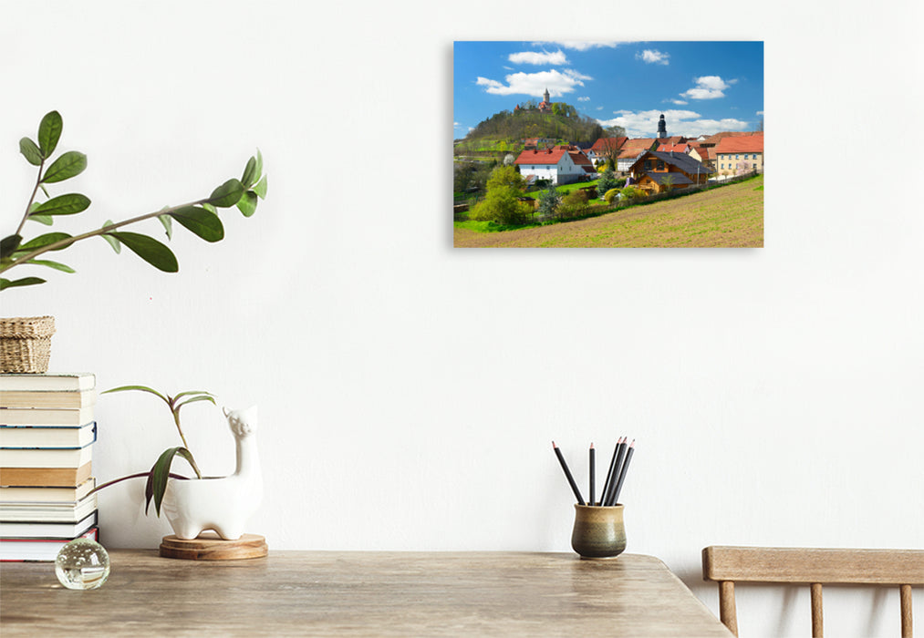 Premium textile canvas Premium textile canvas 120 cm x 80 cm across the village of Seitenroda with Leuchtenburg near Kahla 