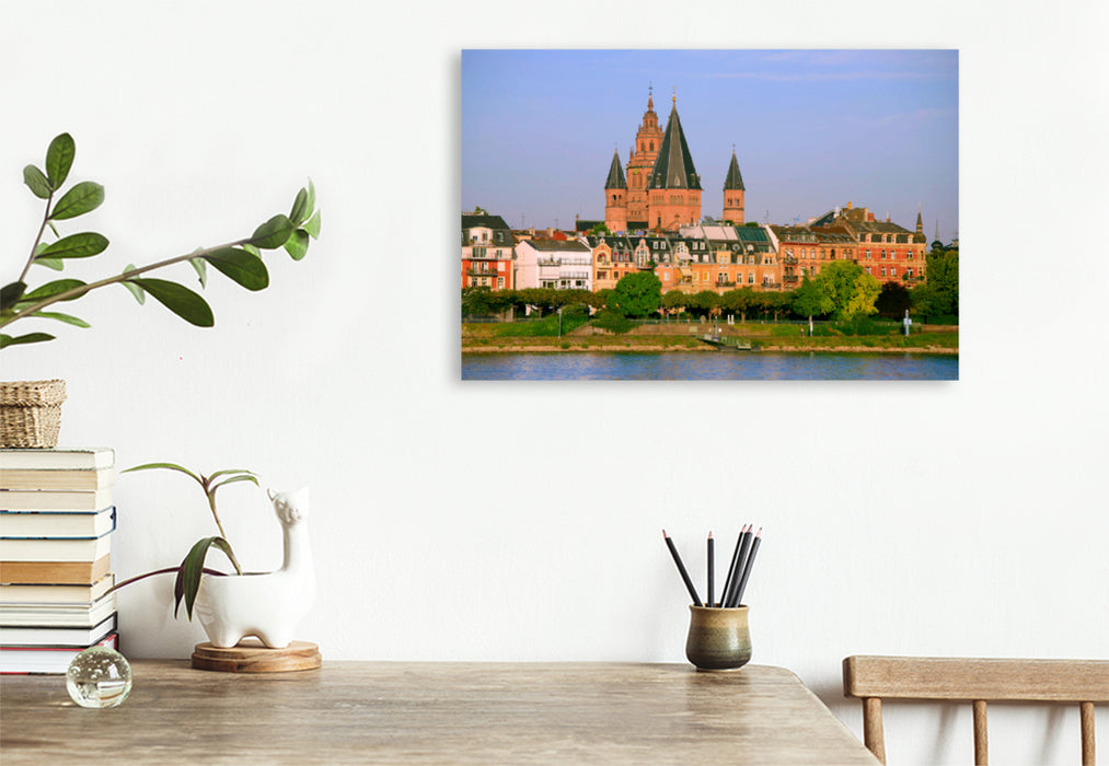 Premium textile canvas Premium textile canvas 120 cm x 80 cm across the Rhine promenade and St. Martin Cathedral 
