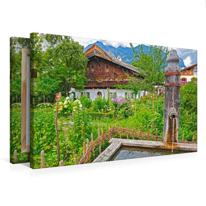 Premium Textil-Leinwand Bauerngarten mit Brunnen