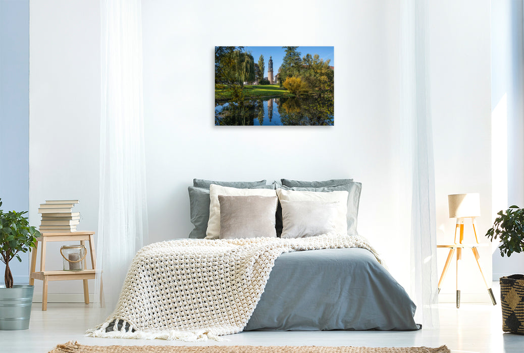 Premium textile canvas Premium textile canvas 120 cm x 80 cm across Castle tower reflected in the Ilm, UNESCO World Heritage Classic Weimar, Park on the Ilm, Weimar 