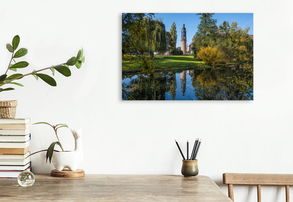 Premium textile canvas Premium textile canvas 120 cm x 80 cm across Castle tower reflected in the Ilm, UNESCO World Heritage Classic Weimar, Park on the Ilm, Weimar 