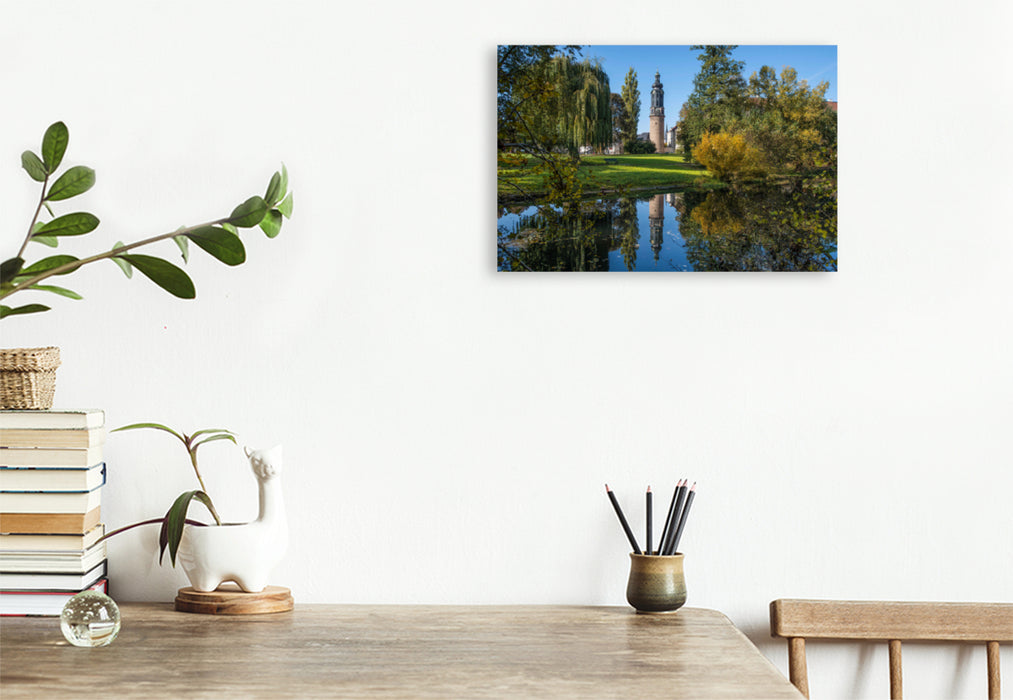 Premium textile canvas Premium textile canvas 120 cm x 80 cm across Castle tower reflected in the Ilm, UNESCO World Heritage Classic Weimar, Park on the Ilm, Weimar 