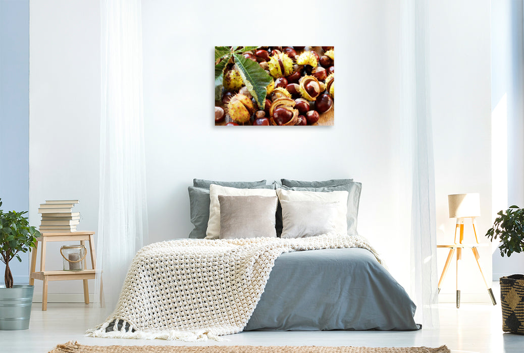 Premium textile canvas Premium textile canvas 120 cm x 80 cm across chestnuts with chestnut leaf 