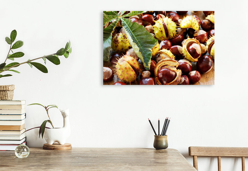 Premium textile canvas Premium textile canvas 120 cm x 80 cm across chestnuts with chestnut leaf 