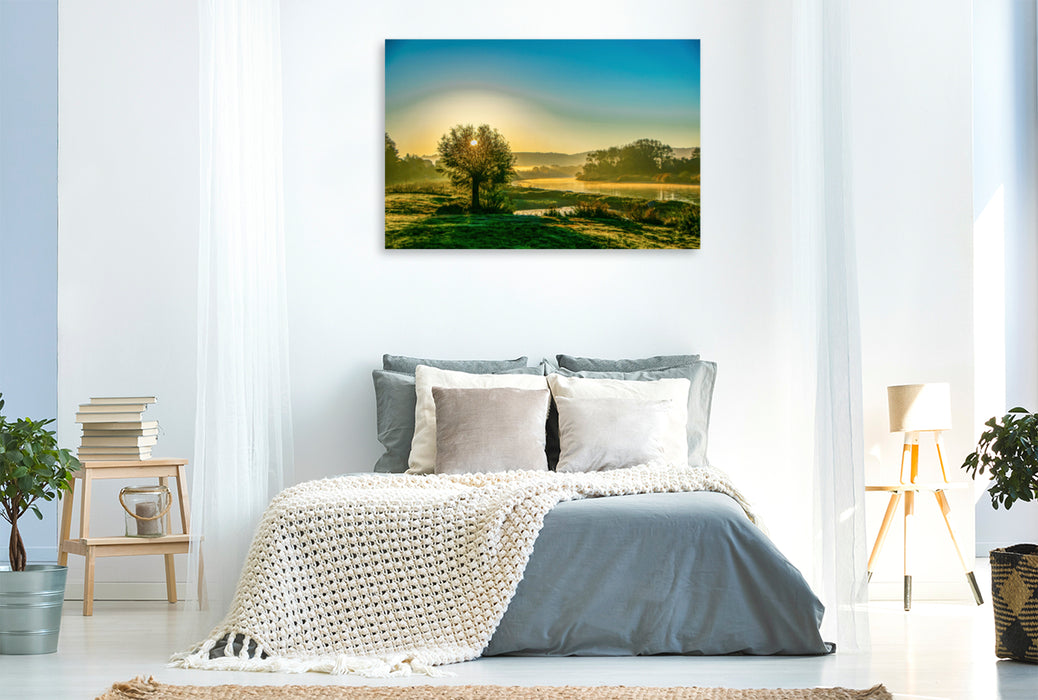 Premium textile canvas Premium textile canvas 120 cm x 80 cm landscape Morning awakening in the Weserbergland 