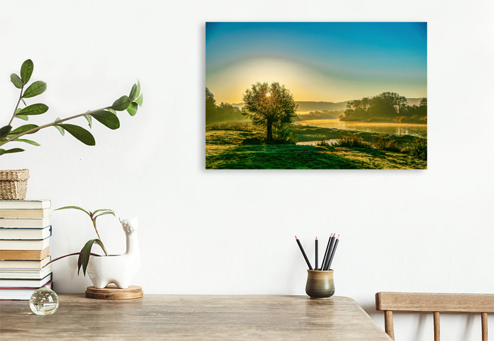 Premium textile canvas Premium textile canvas 120 cm x 80 cm landscape Morning awakening in the Weserbergland 