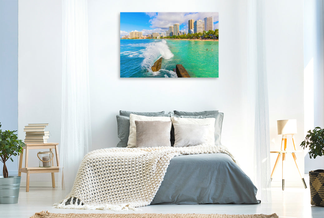 Premium Textil-Leinwand Premium Textil-Leinwand 120 cm x 80 cm quer Blick auf Waikiki Beach mit den Hochhäusern von Honolulu im Hintergrund