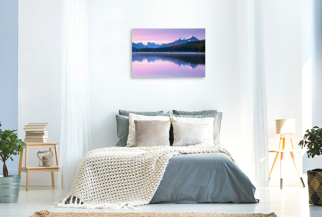 Premium Textil-Leinwand Premium Textil-Leinwand 120 cm x 80 cm quer Bergpanorama mit spektakulärem Sonnenaufgang in den Rocky Mountains im Jasper Nationalpark Kanadas