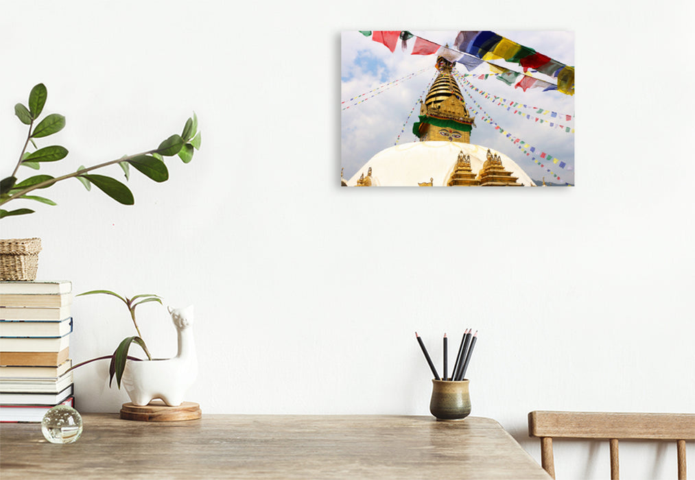 Premium Textil-Leinwand Premium Textil-Leinwand 120 cm x 80 cm quer Swayambhunath ist ein Tempelkomplex, der im Westen von Kathmandu auf einem Hügel erbaut ist