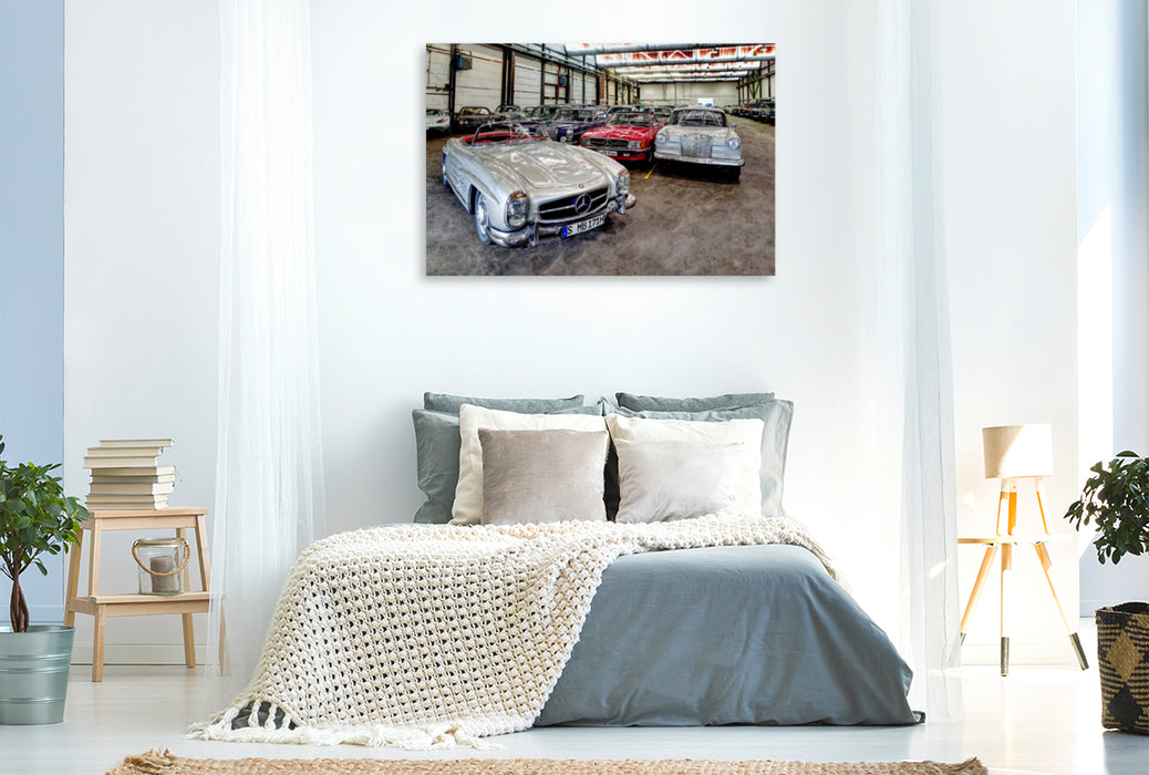 Premium Textil-Leinwand Premium Textil-Leinwand 120 cm x 80 cm quer Sternstunden: Der 300 SL Roadster und andere Mercedes-Klassiker in der größten der Heiligen Hallen.