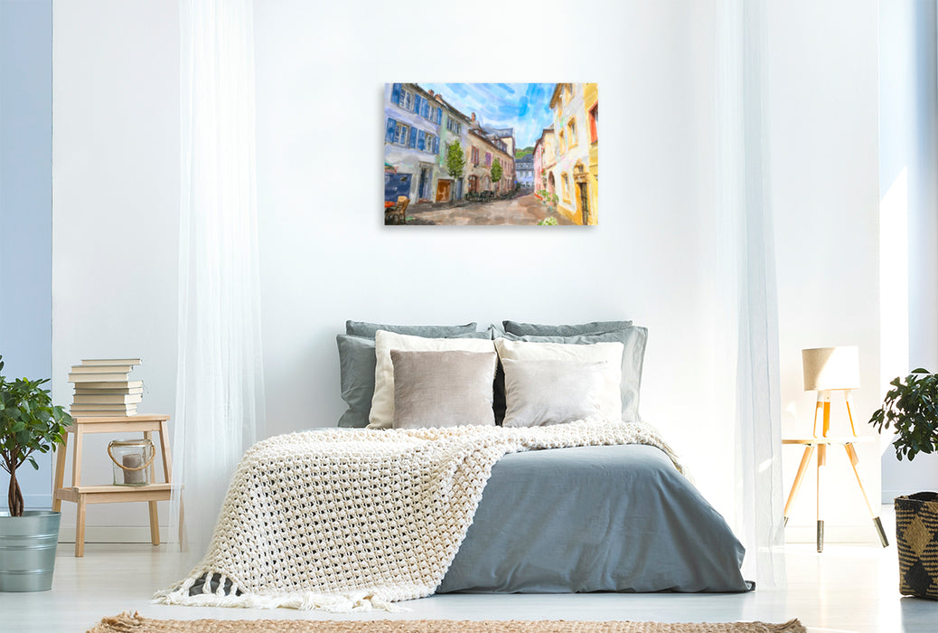Premium textile canvas Premium textile canvas 90 cm x 60 cm across the city of Saarburg with the old town alley and small restaurants. 