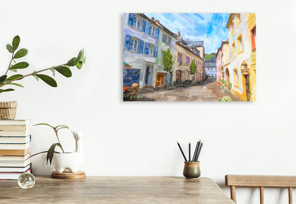 Premium textile canvas Premium textile canvas 90 cm x 60 cm across the city of Saarburg with the old town alley and small restaurants. 