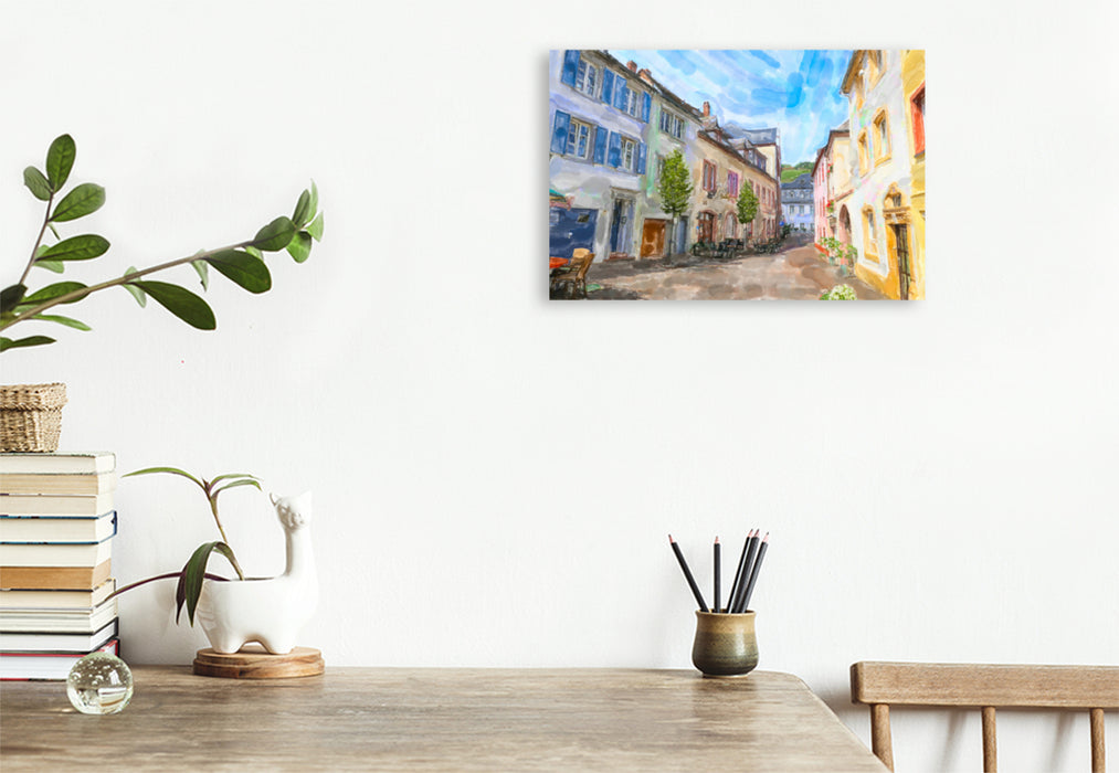 Premium textile canvas Premium textile canvas 90 cm x 60 cm across the city of Saarburg with the old town alley and small restaurants. 