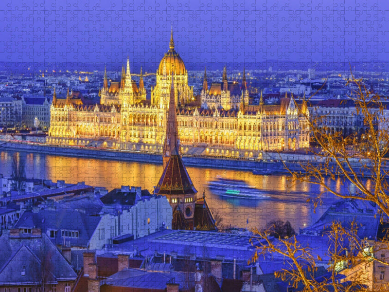 Traumhafter Blick über die Donau auf das Parlament von der Fischerbastei aus, zur blauen Stunde - CALVENDO Foto-Puzzle'