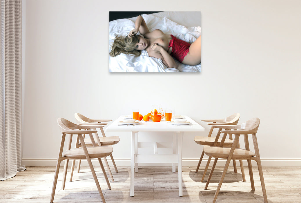Premium Textil-Leinwand Premium Textil-Leinwand 120 cm x 80 cm quer Blondes, erotisches, sexy Girl sinnlich in Dessous inszeniert. Aktfotografie von schönen Frauen. Stilvolle Porträts nackter Girls, Serie Erotik Fotoart.