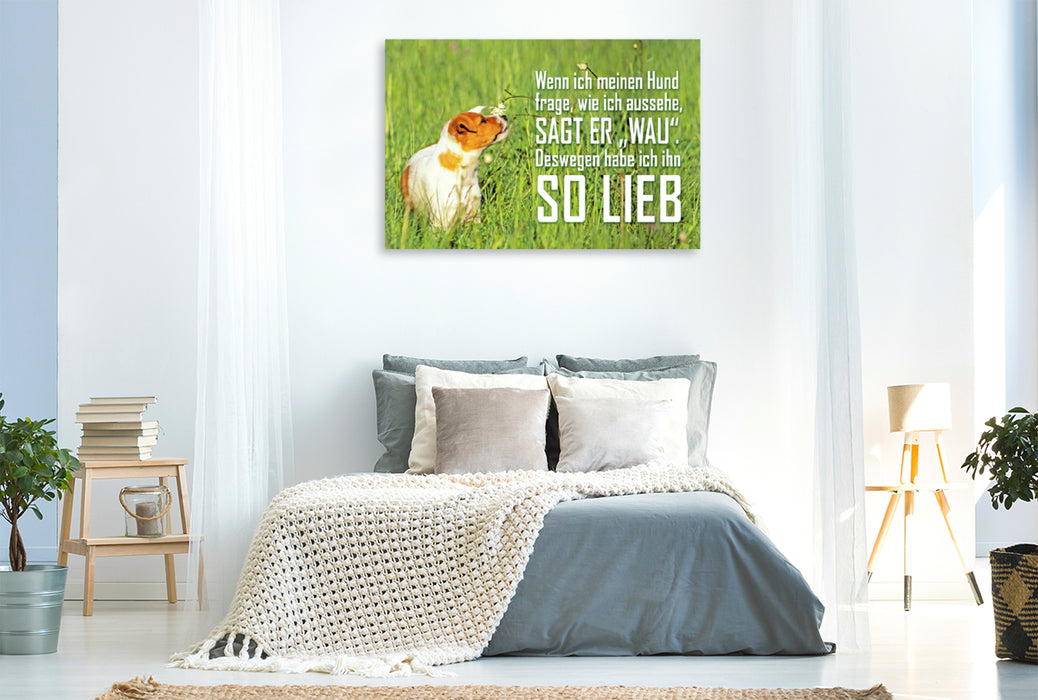 Premium Textil-Leinwand Premium Textil-Leinwand 120 cm x 80 cm quer Jack Russell Terrier Welpe im hohen Gras