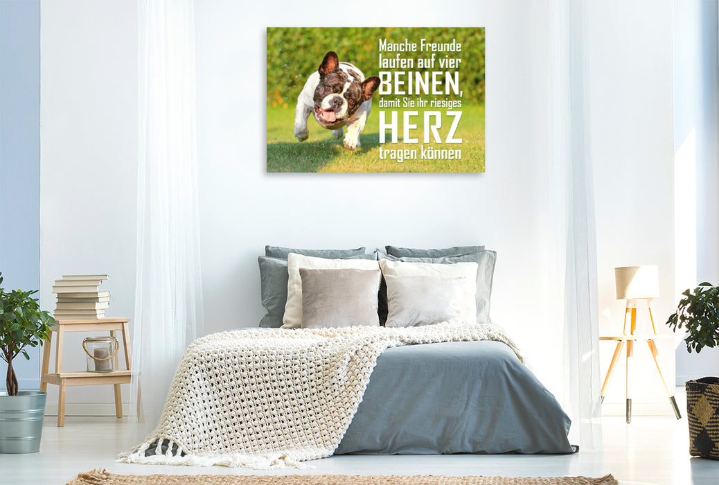 Premium Textil-Leinwand Premium Textil-Leinwand 120 cm x 80 cm quer Französische Bulldogge rennt japsend über einen Rasen
