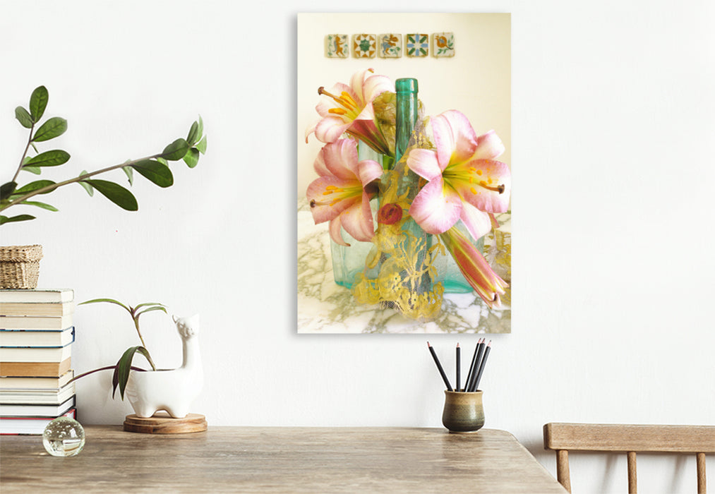 Premium textile canvas Premium textile canvas 80 cm x 120 cm high Lily still life on a marble table 