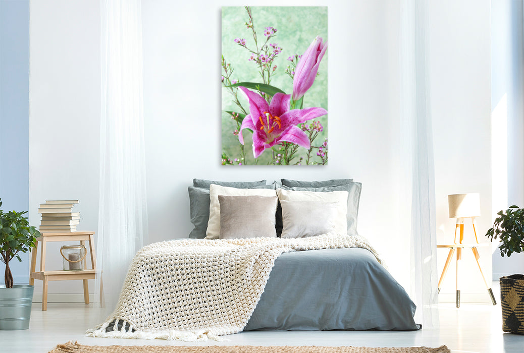 Premium textile canvas Premium textile canvas 80 cm x 120 cm high lily flowers and wax flowers 