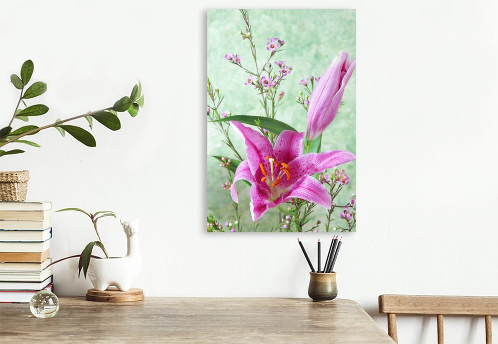 Premium textile canvas Premium textile canvas 80 cm x 120 cm high lily flowers and wax flowers 