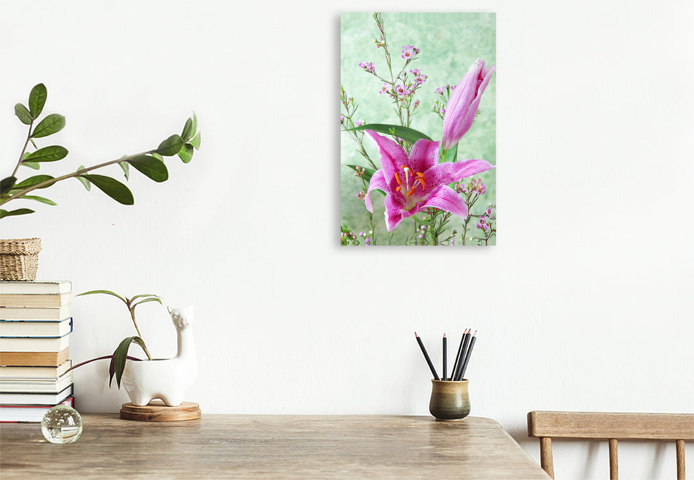 Premium textile canvas Premium textile canvas 80 cm x 120 cm high lily flowers and wax flowers 