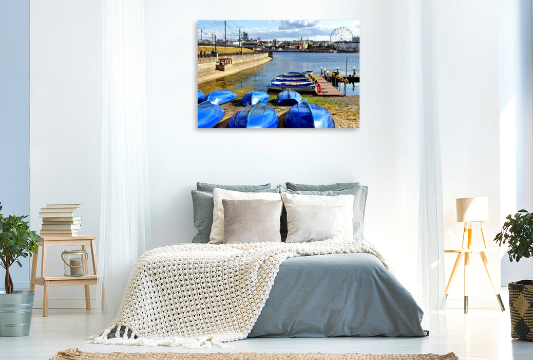 Premium textile canvas Premium textile canvas 120 cm x 80 cm across Boats in the Bay of Cheboksary 