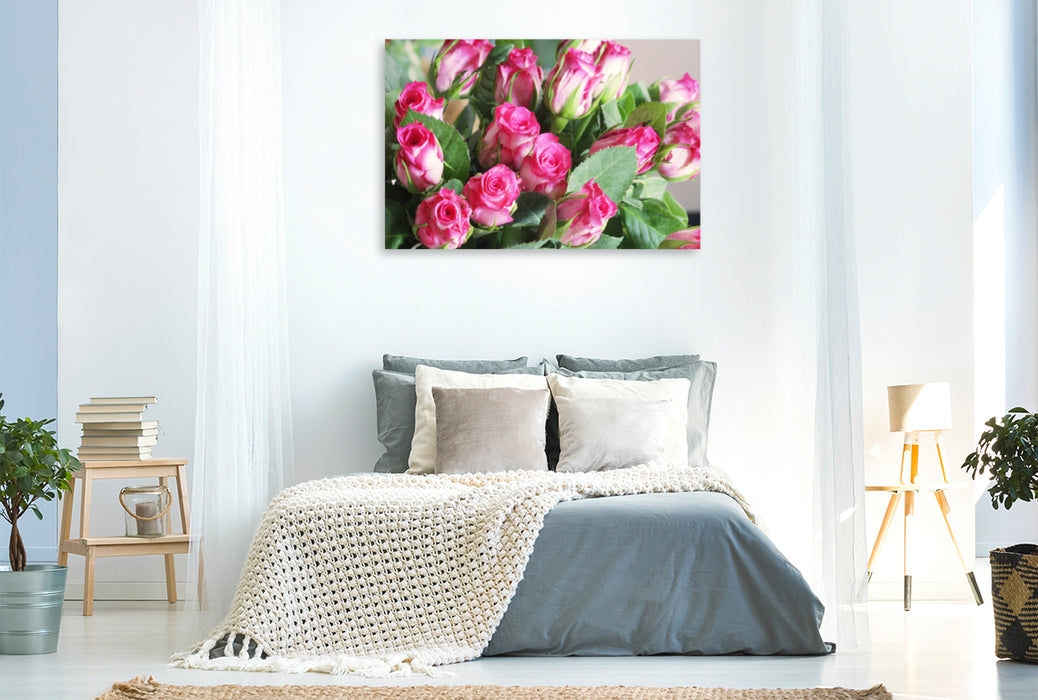 Premium Textil-Leinwand Premium Textil-Leinwand 120 cm x 80 cm quer Rosenstrauß in Pink, Weiß und Grün