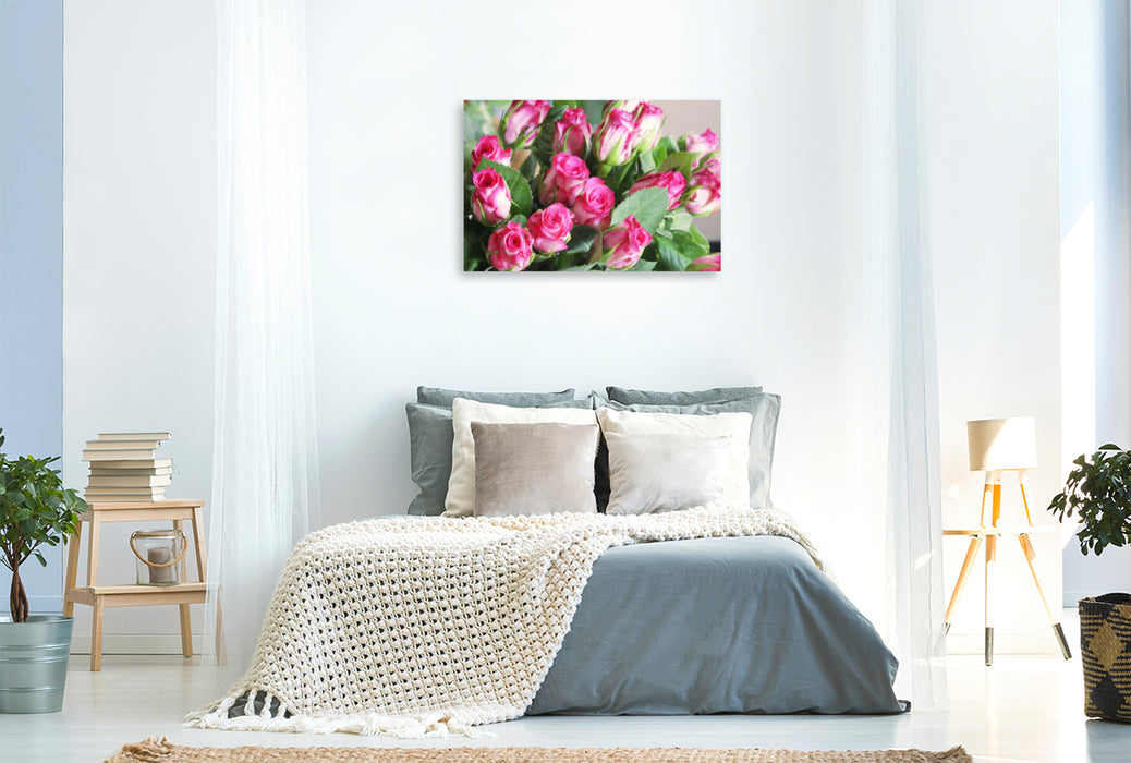 Premium textile canvas Premium textile canvas 120 cm x 80 cm landscape bouquet of roses in pink, white and green 
