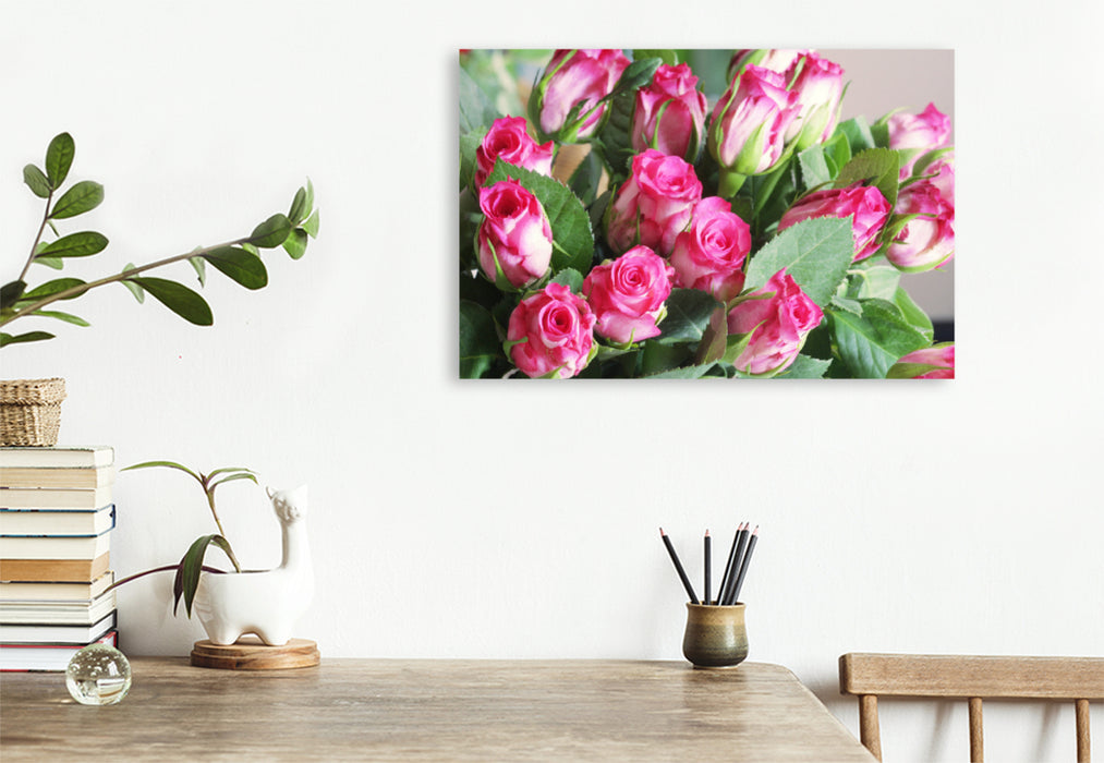 Premium textile canvas Premium textile canvas 120 cm x 80 cm landscape bouquet of roses in pink, white and green 