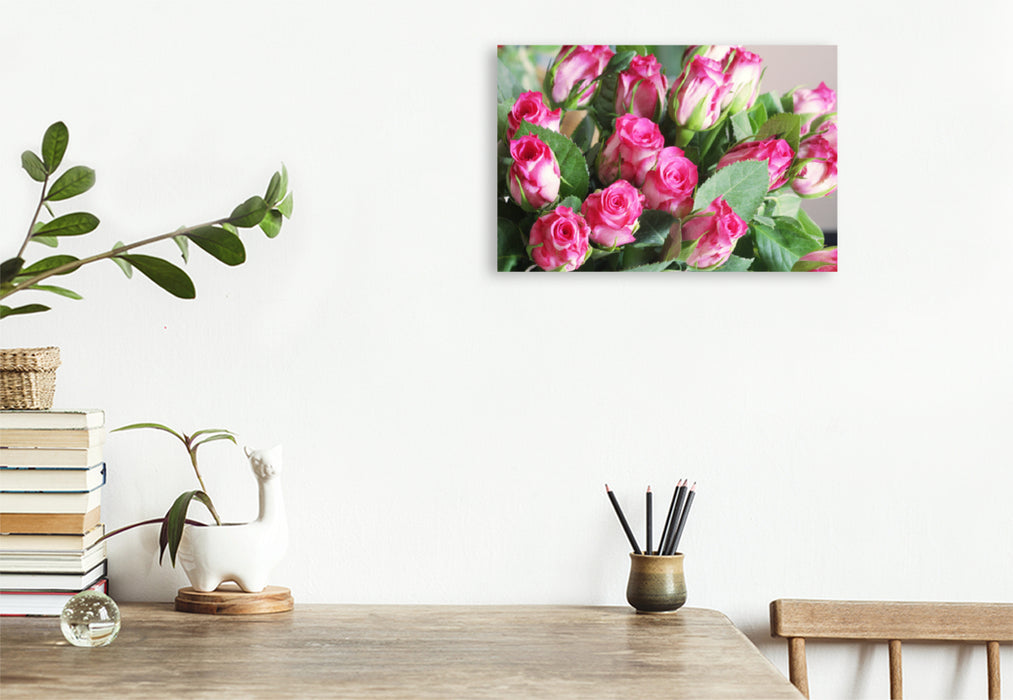 Premium textile canvas Premium textile canvas 120 cm x 80 cm landscape bouquet of roses in pink, white and green 