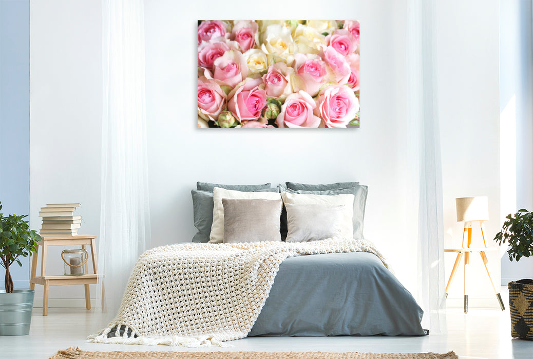 Premium Textil-Leinwand Premium Textil-Leinwand 120 cm x 80 cm quer Rosen in zarten Pastelltönen - hellgelb und rosa