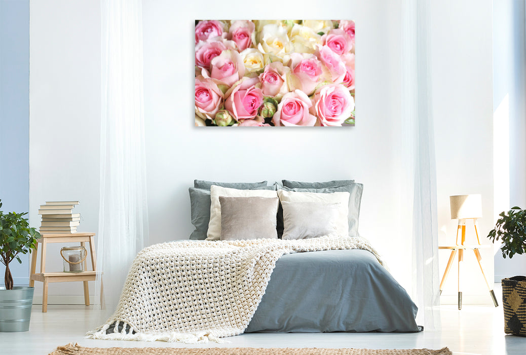 Premium textile canvas Premium textile canvas 120 cm x 80 cm landscape Roses in delicate pastel tones - light yellow and pink 