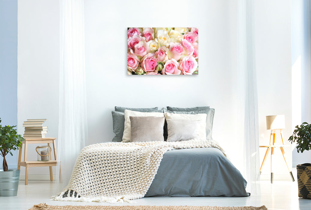 Premium textile canvas Premium textile canvas 120 cm x 80 cm landscape Roses in delicate pastel tones - light yellow and pink 