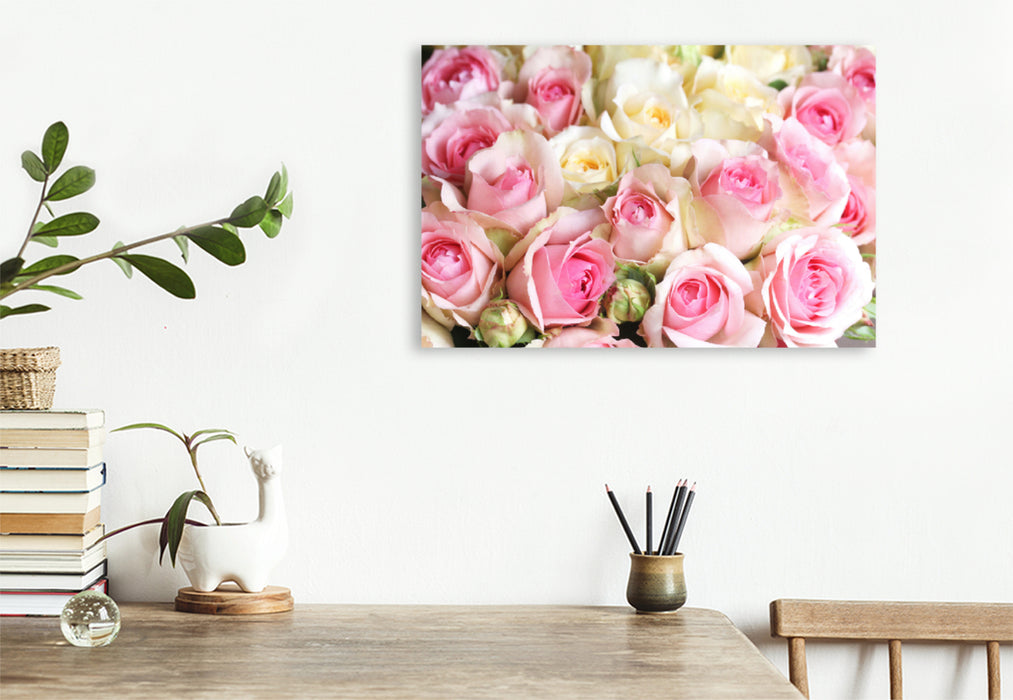 Premium textile canvas Premium textile canvas 120 cm x 80 cm landscape Roses in delicate pastel tones - light yellow and pink 