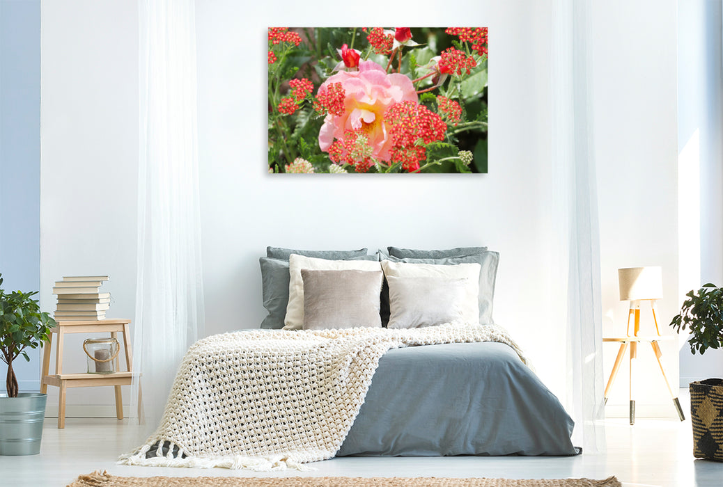 Premium textile canvas Premium textile canvas 120 cm x 80 cm landscape pink rose with red yarrow 