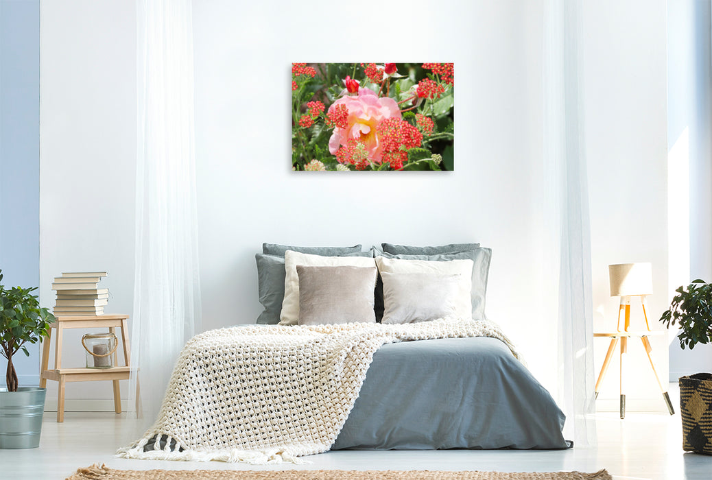 Premium textile canvas Premium textile canvas 120 cm x 80 cm landscape pink rose with red yarrow 