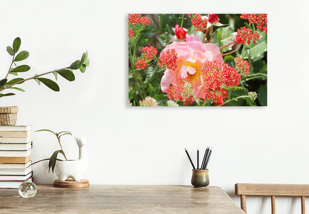 Premium textile canvas Premium textile canvas 120 cm x 80 cm landscape pink rose with red yarrow 